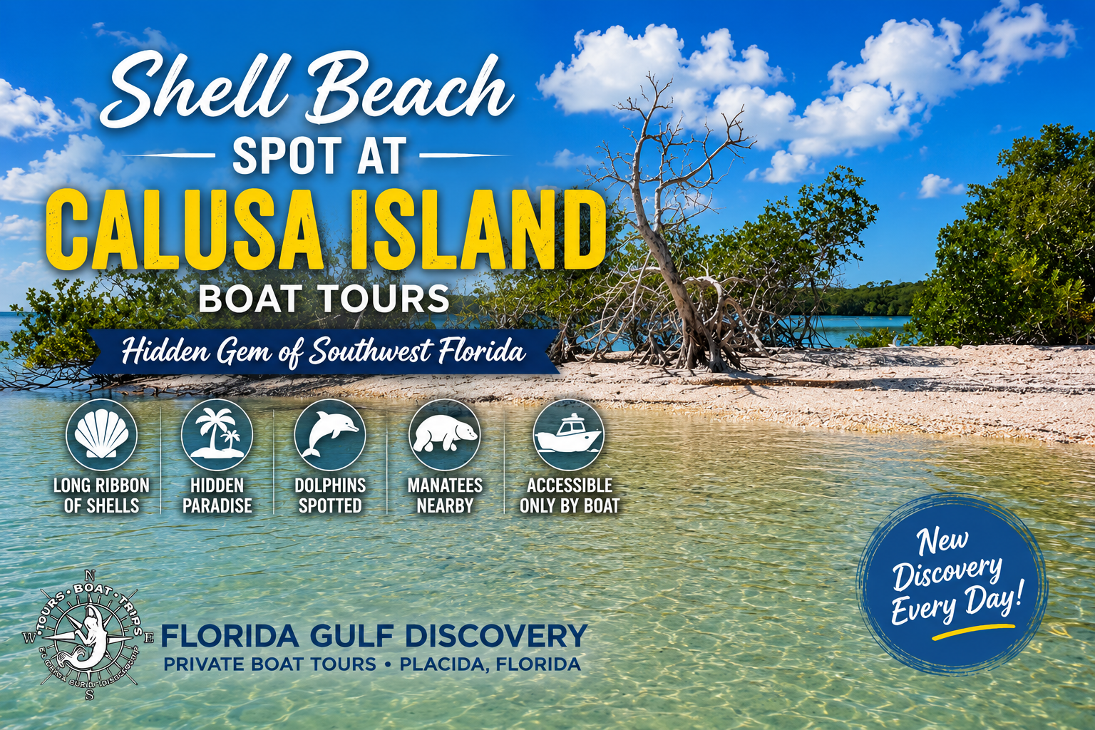 Promotional banner for Shell Beach Spot at Calusa Island featuring turquoise water, shell shoreline, and private boat tours in Southwest Florida.