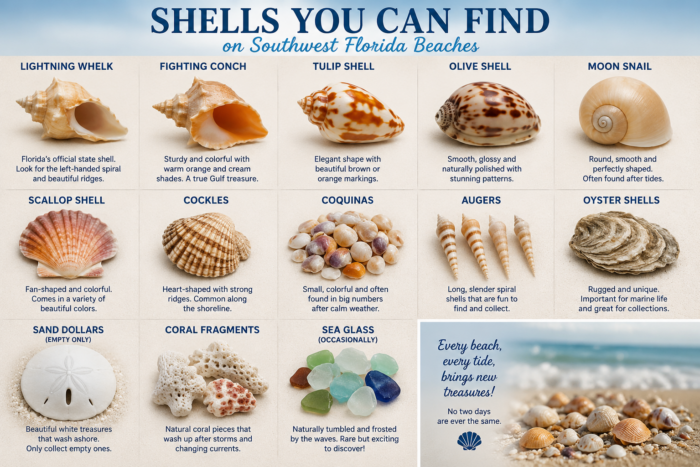 Reference guide showing common seashells found on Southwest Florida beaches, including Lightning Whelk, Fighting Conch, Tulip Shell, Olive Shell, Moon Snail, Scallop Shell, Cockles, Coquinas, Augers, Oyster Shells, Sand Dollars, Coral Fragments, and Sea Glass.