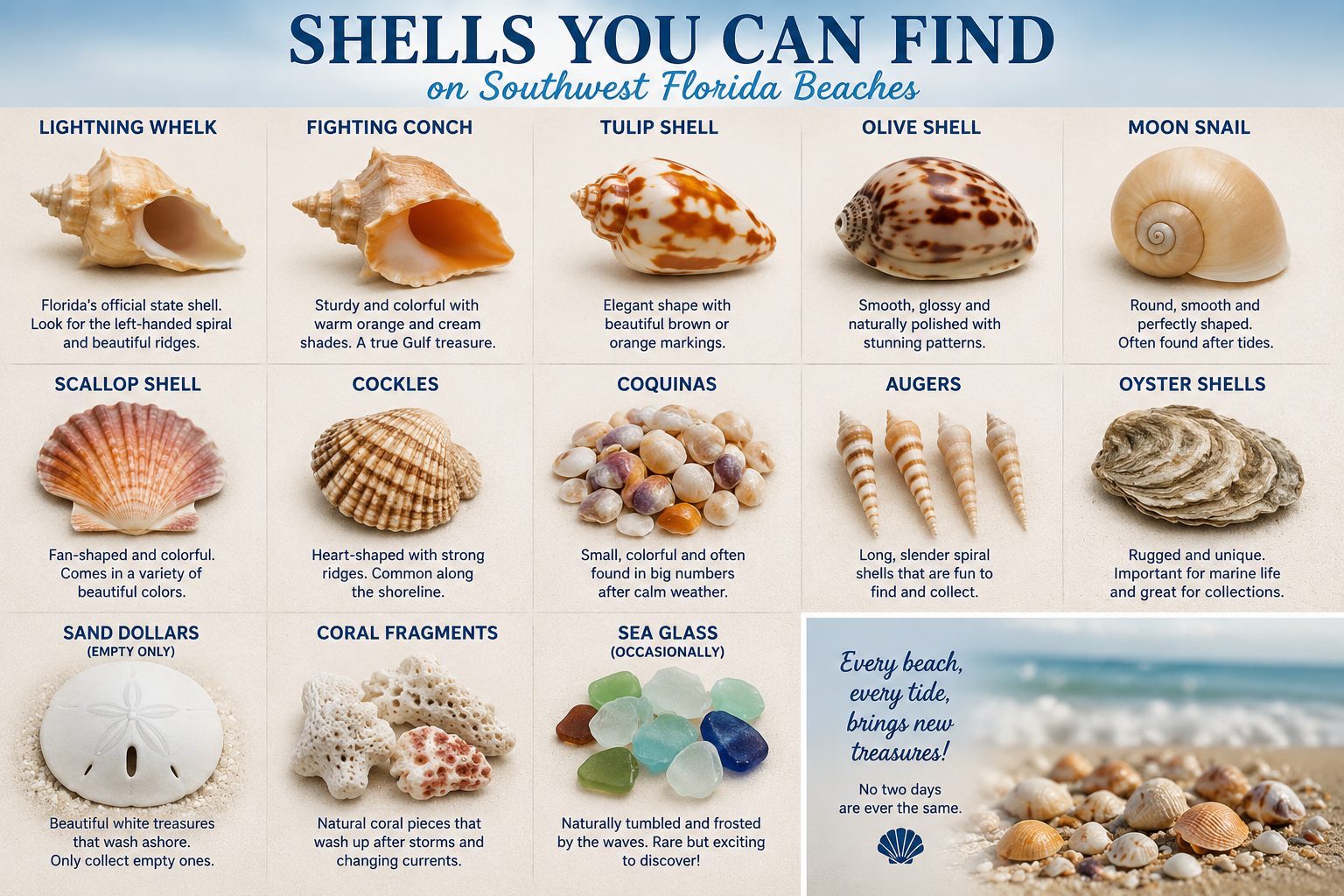 Illustrated guide to common seashells found on Southwest Florida beaches