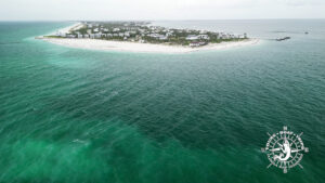 Aerial drone view of the southern tip of Gasparilla Island and Boca Grande Pass in Southwest Florida.