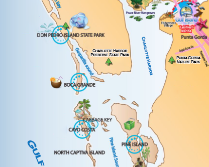 Map of Southwest Florida showing Island Hopping Tour destinations including Boca Grande, Cayo Costa, Cabbage Key, Pine Island, Captiva, Sanibel, Englewood, and Punta Gorda.