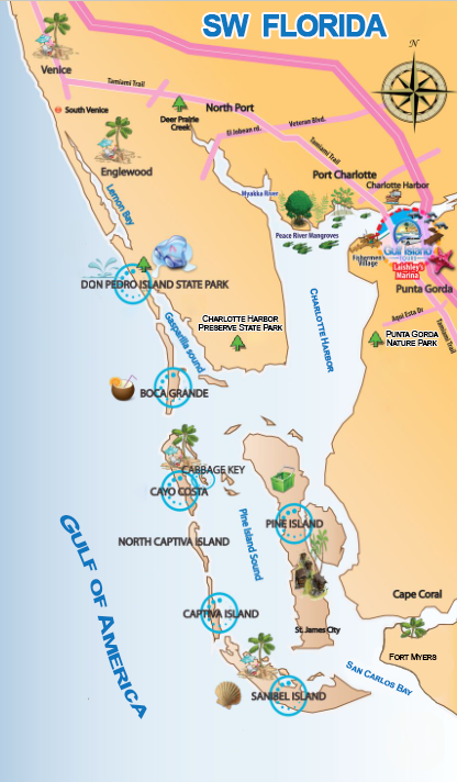 Map of Southwest Florida showing Island Hopping Tour destinations including Boca Grande, Cayo Costa, Cabbage Key, Pine Island, Captiva, Sanibel, Englewood, and Punta Gorda.