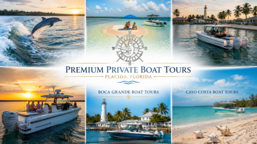 Collage featuring dolphin watching, sandbar tours, island hopping, Boca Grande boat tours, Cayo Costa tours, and private sunset cruises in Southwest Florida.