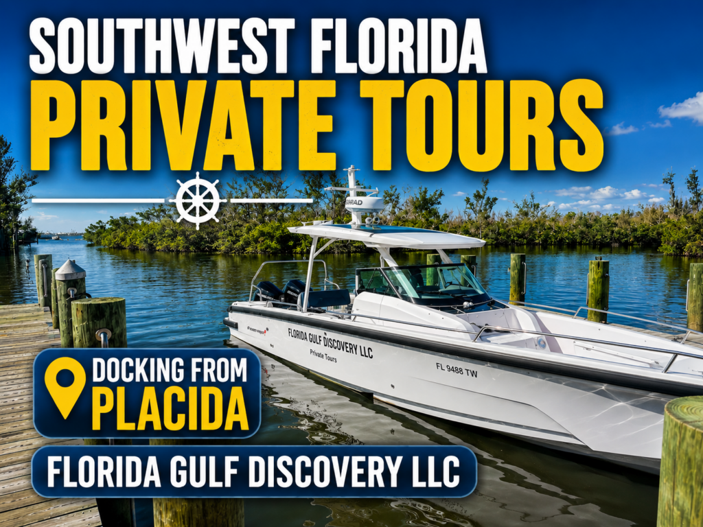 Florida Gulf Discovery LLC private tour boat docked at Eldred's Marina in Placida, Florida, offering private boat tours throughout Southwest Florida.