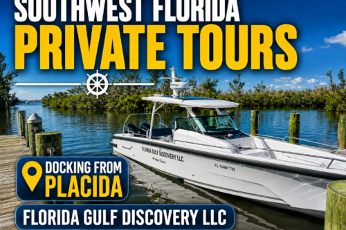 Florida Gulf Discovery LLC private tour boat docked at Eldred's Marina in Placida, Florida, offering private boat tours throughout Southwest Florida.