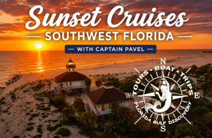 Sunset cruise in Southwest Florida with Captain Pavel overlooking the Gulf Coast at sunset.