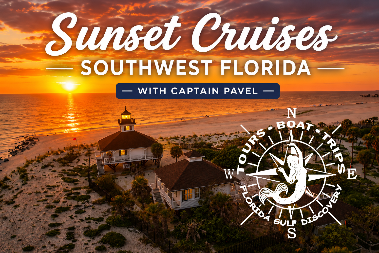 Sunset cruise in Southwest Florida with Captain Pavel overlooking the Gulf Coast at sunset.
