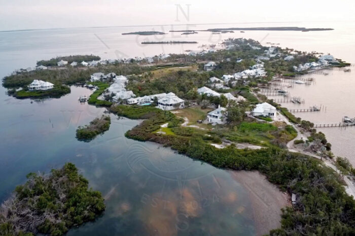 Drone view of historic Useppa Island surrounded by Pine Island Sound in Southwest Florida.