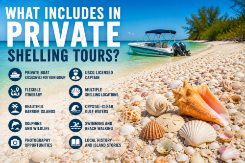 Private shelling tour in Southwest Florida featuring a boat on a shell-covered beach with crystal-clear Gulf water and tour highlights including private charters, dolphins, barrier islands, and shelling locations.