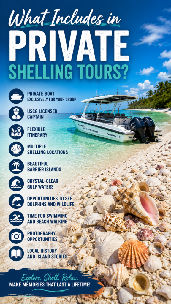 Private shelling tour in Southwest Florida featuring a boat on a shell-covered beach with crystal-clear Gulf water and tour highlights including private charters, dolphins, barrier islands, and shelling locations.