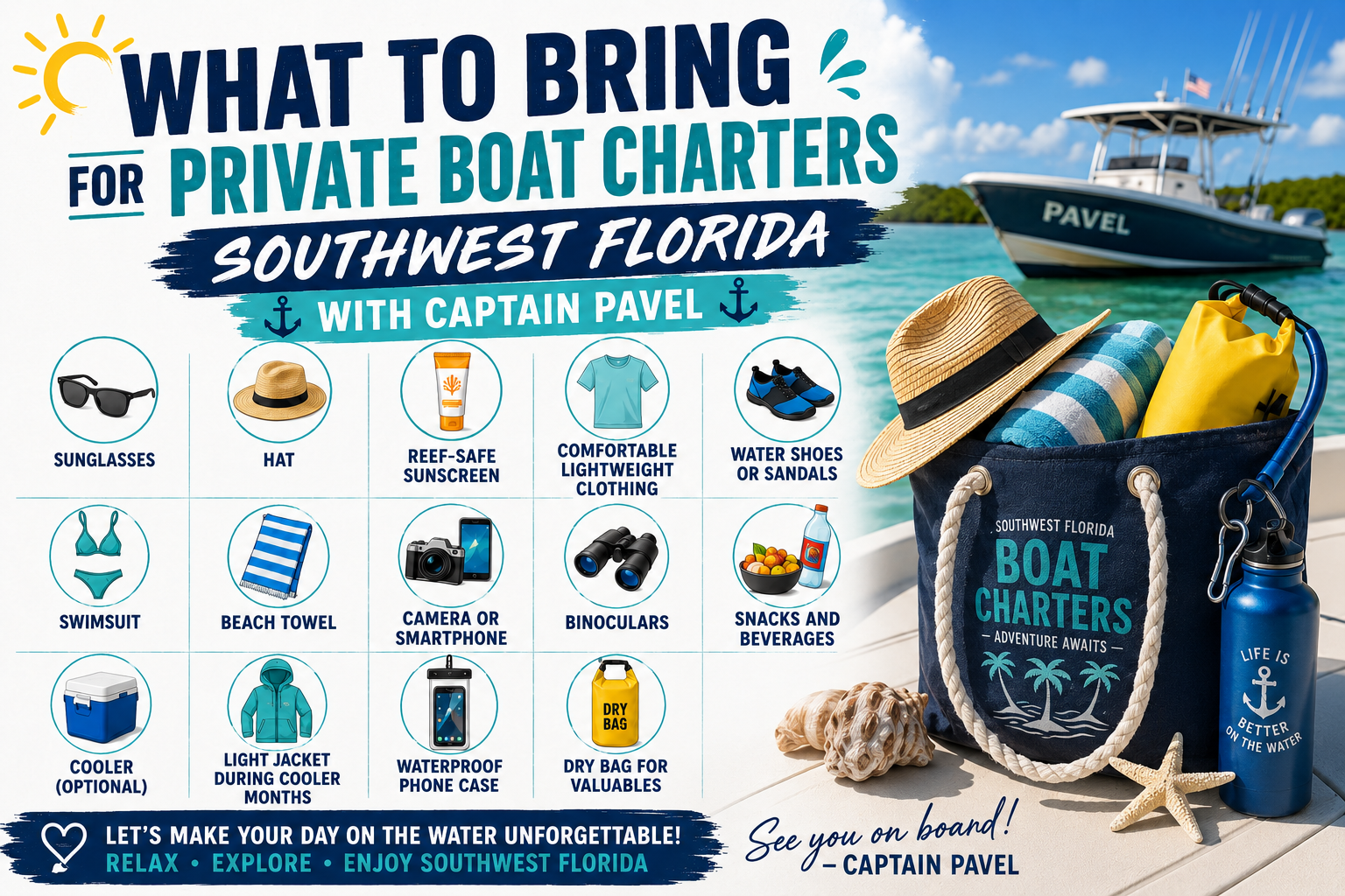 Recommended items to bring on a private boat tour in Southwest Florida with Captain Pavel