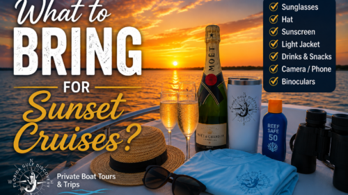 Essential items for a Southwest Florida sunset cruise including sunglasses, hat, sunscreen, champagne, camera, binoculars, and insulated tumbler aboard a boat at sunset.