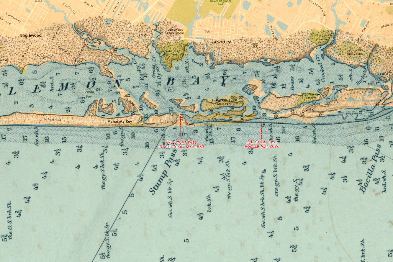 1883 U.S. Coast and Geodetic Survey chart overlaid on a modern Google map of Stump Pass, Southwest Florida