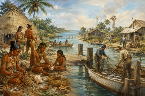 Illustration of the Calusa civilization alongside early pioneer fishing communities in the Gasparilla Sound region of Southwest Florida.