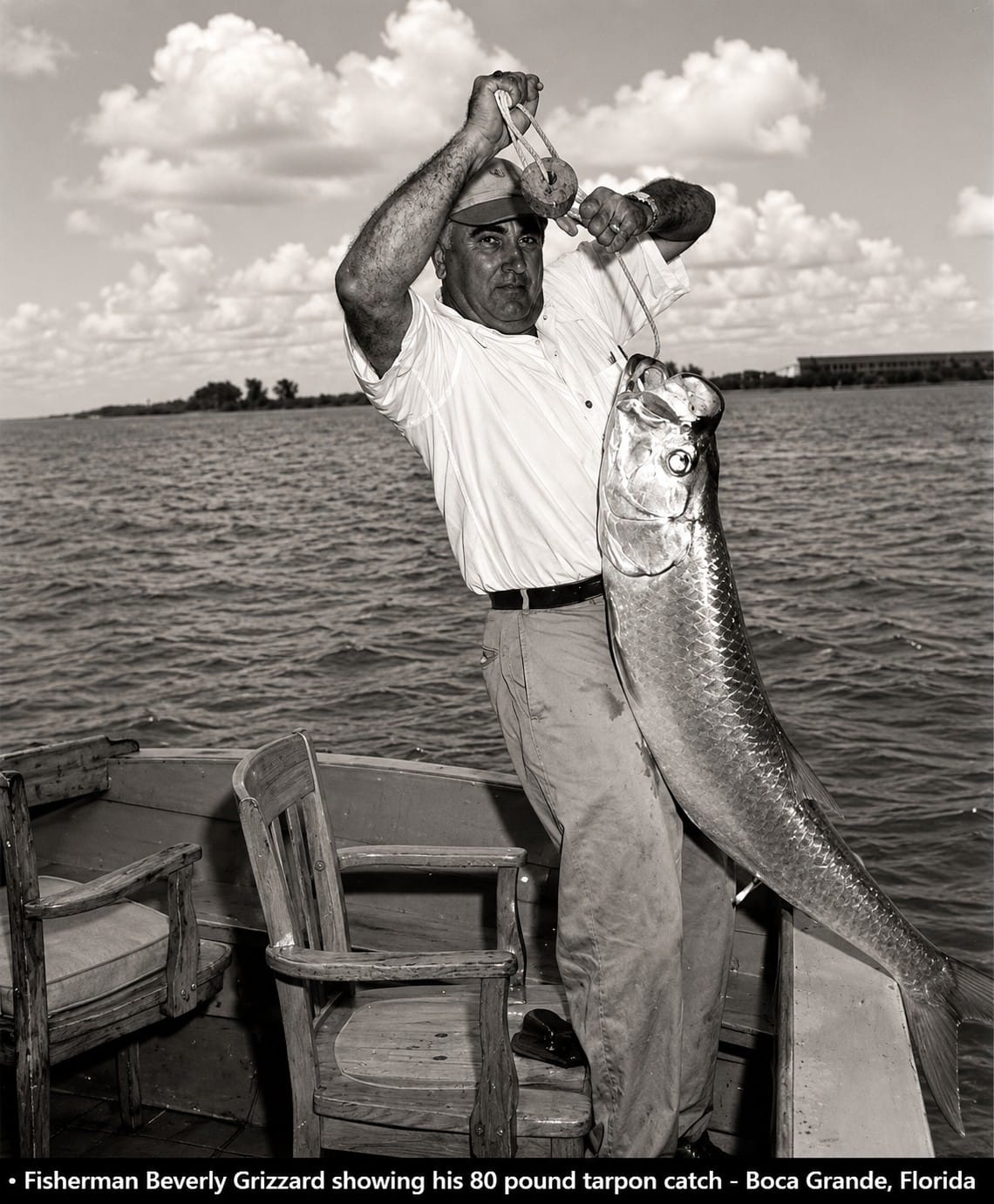 Beverly Grizzard displaying an 80-pound tarpon in Boca Grande, Florida, 1953