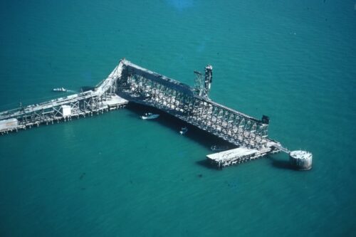 Historic Boca Grande phosphate loading docks over Gasparilla Sound before their removal in the early 1990s.