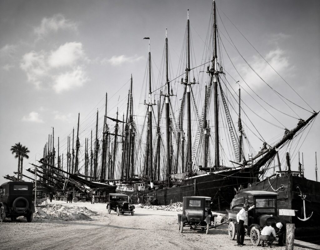 Historic sailing ships docked at Port Boca Grande during the phosphate shipping era, with early automobiles and waterfront activity on Gasparilla Island, Florida.