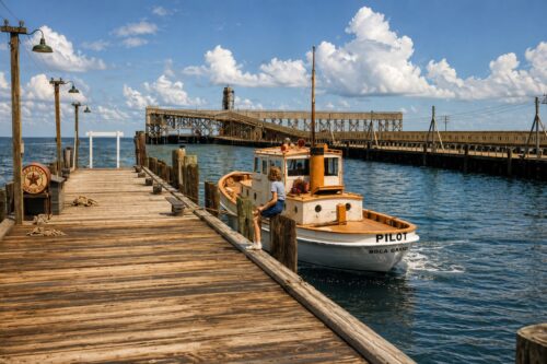 Historic pilot boat at the Boca Grande waterfront with the phosphate loading docks and railroad trestle in the background on Gasparilla Island, Florida.