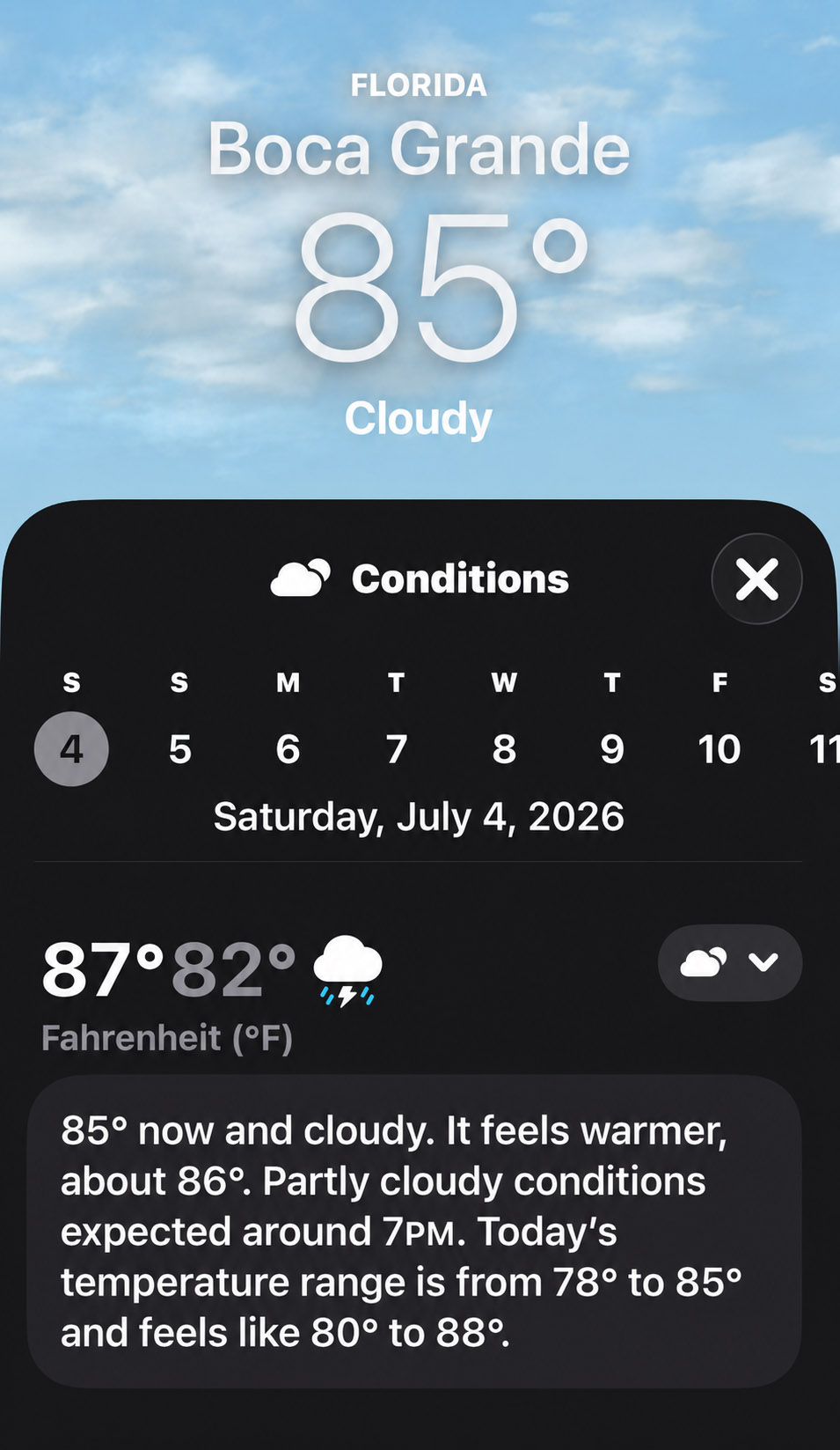 Weather forecast showing cloudy conditions and thunderstorms for Boca Grande, Florida, on Independence Day, July 4, 2026.