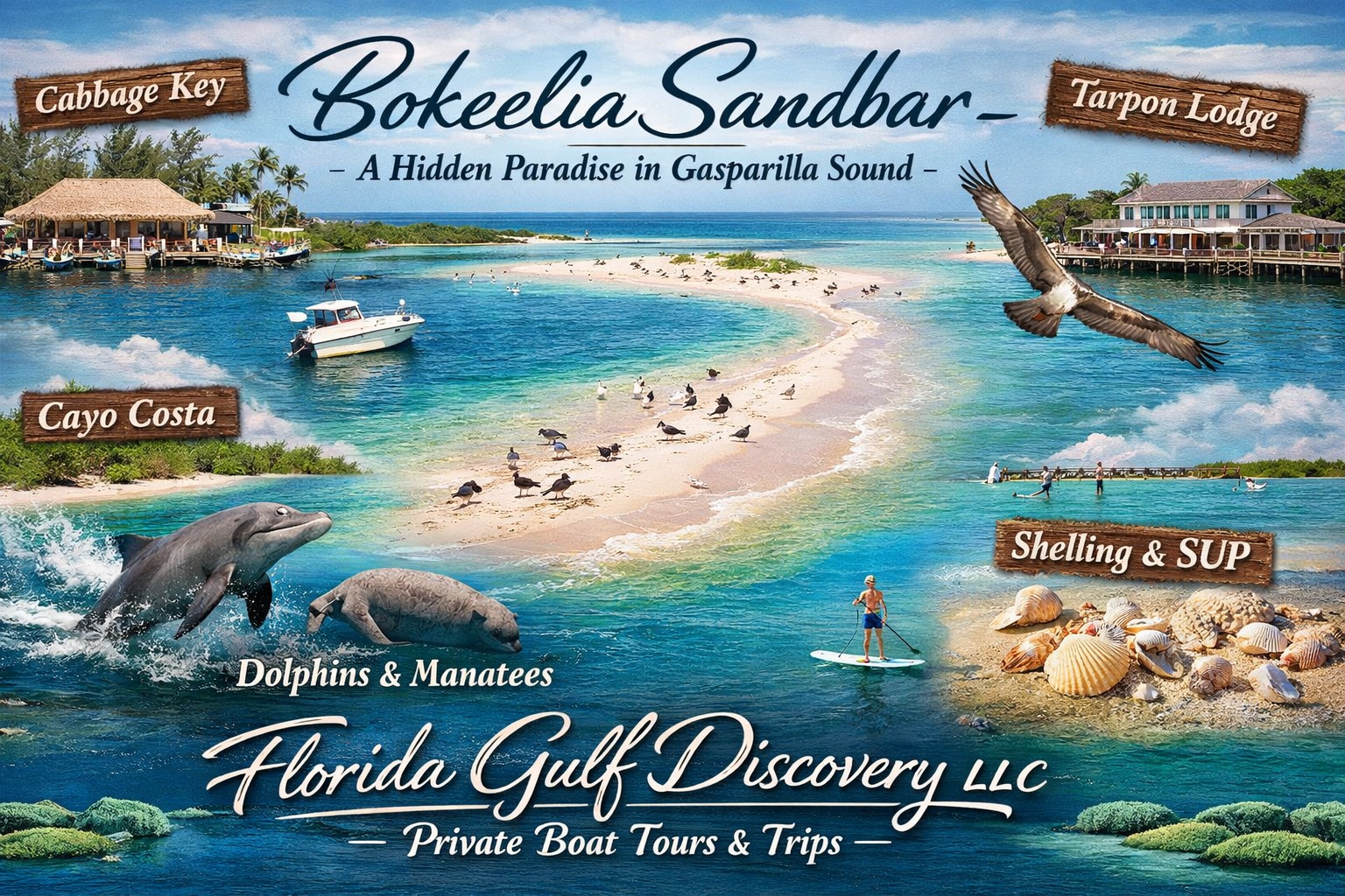 Bokeelia Sandbar private boat tours in Pine Island Sound, Southwest Florida