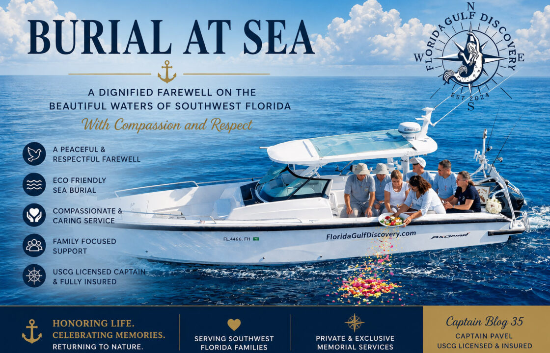 Private Burial at Sea service in Southwest Florida aboard a Florida Gulf Discovery boat during a peaceful memorial ceremony on the Gulf waters.