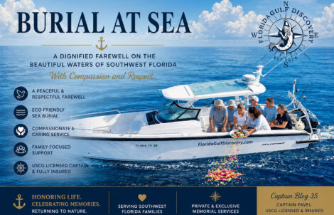 Private Burial at Sea service in Southwest Florida aboard a Florida Gulf Discovery boat during a peaceful memorial ceremony on the Gulf waters.