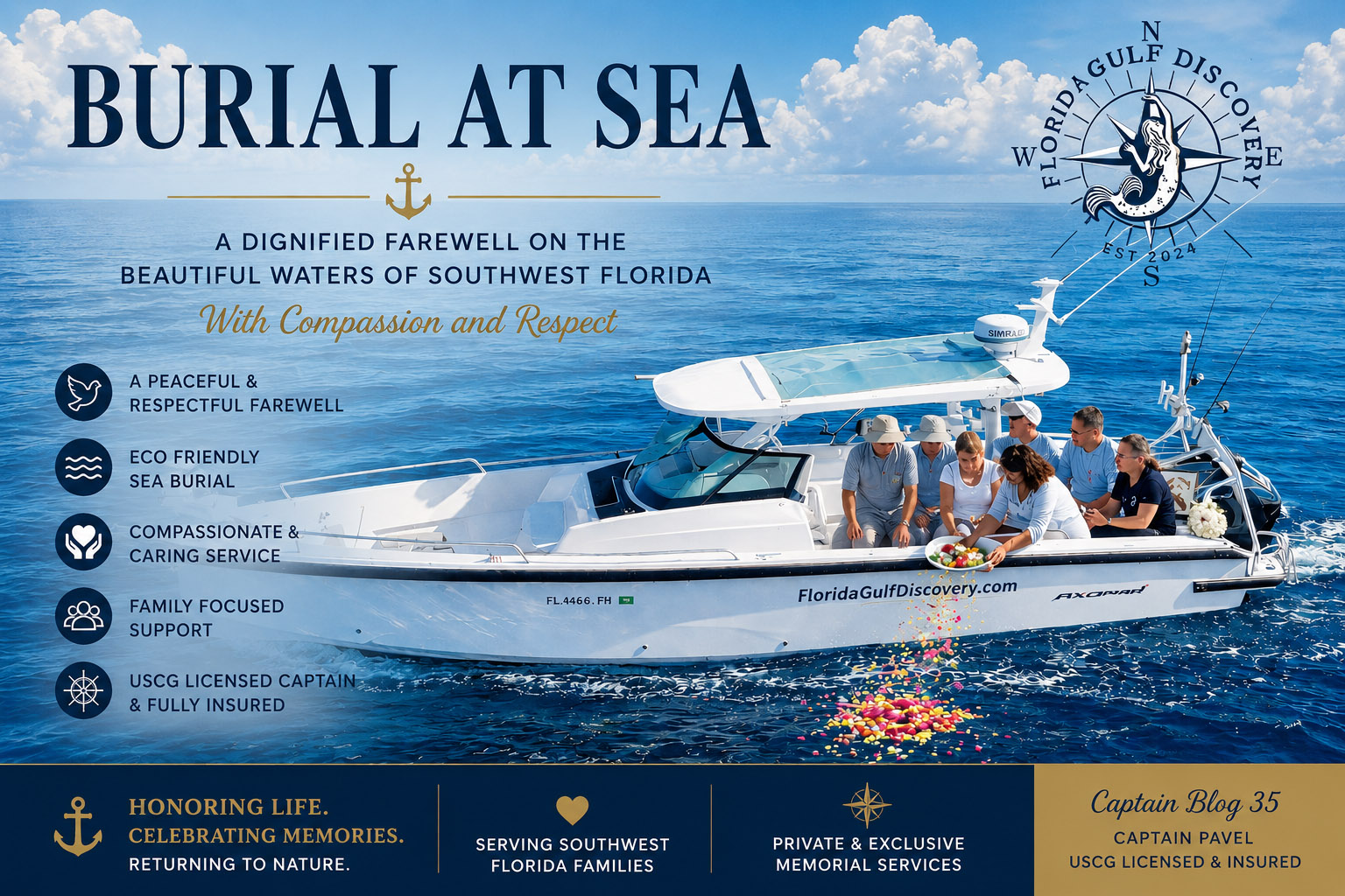 Private Burial at Sea service in Southwest Florida aboard a Florida Gulf Discovery boat during a peaceful memorial ceremony on the Gulf waters.