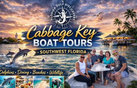 Guests enjoying a private boat tour to Cabbage Key in Southwest Florida with Captain Pavel, featuring dolphins, waterfront dining, wildlife, and sunset views.