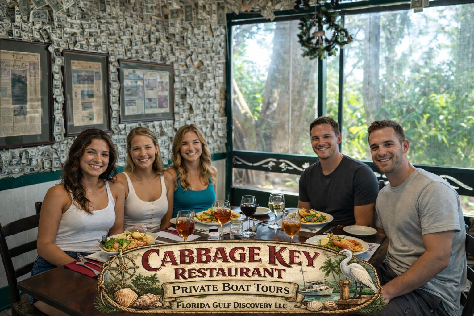 Private boat tour guests enjoying lunch at the historic Cabbage Key Restaurant in Southwest Florida
