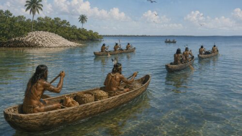 Historical illustration of Calusa people paddling dugout canoes across Charlotte Harbor, using Southwest Florida's protected waterways for travel, fishing, and trade.