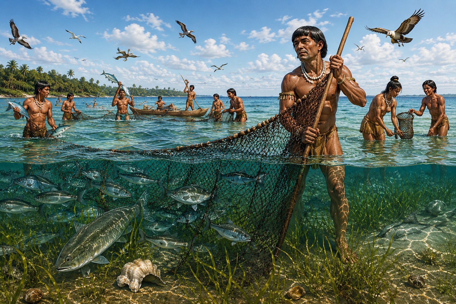 Artist's reconstruction of Calusa fishermen harvesting fish in Pine Island Sound, Southwest Florida