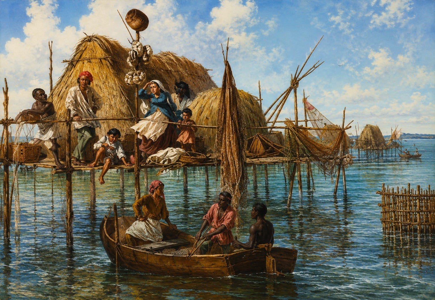 Historical illustration of a Calusa fishing village in Southwest Florida