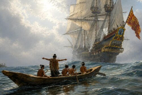 Artist's interpretation of a Calusa canoe approaching a Spanish sailing ship off the coast of Southwest Florida during the sixteenth century.