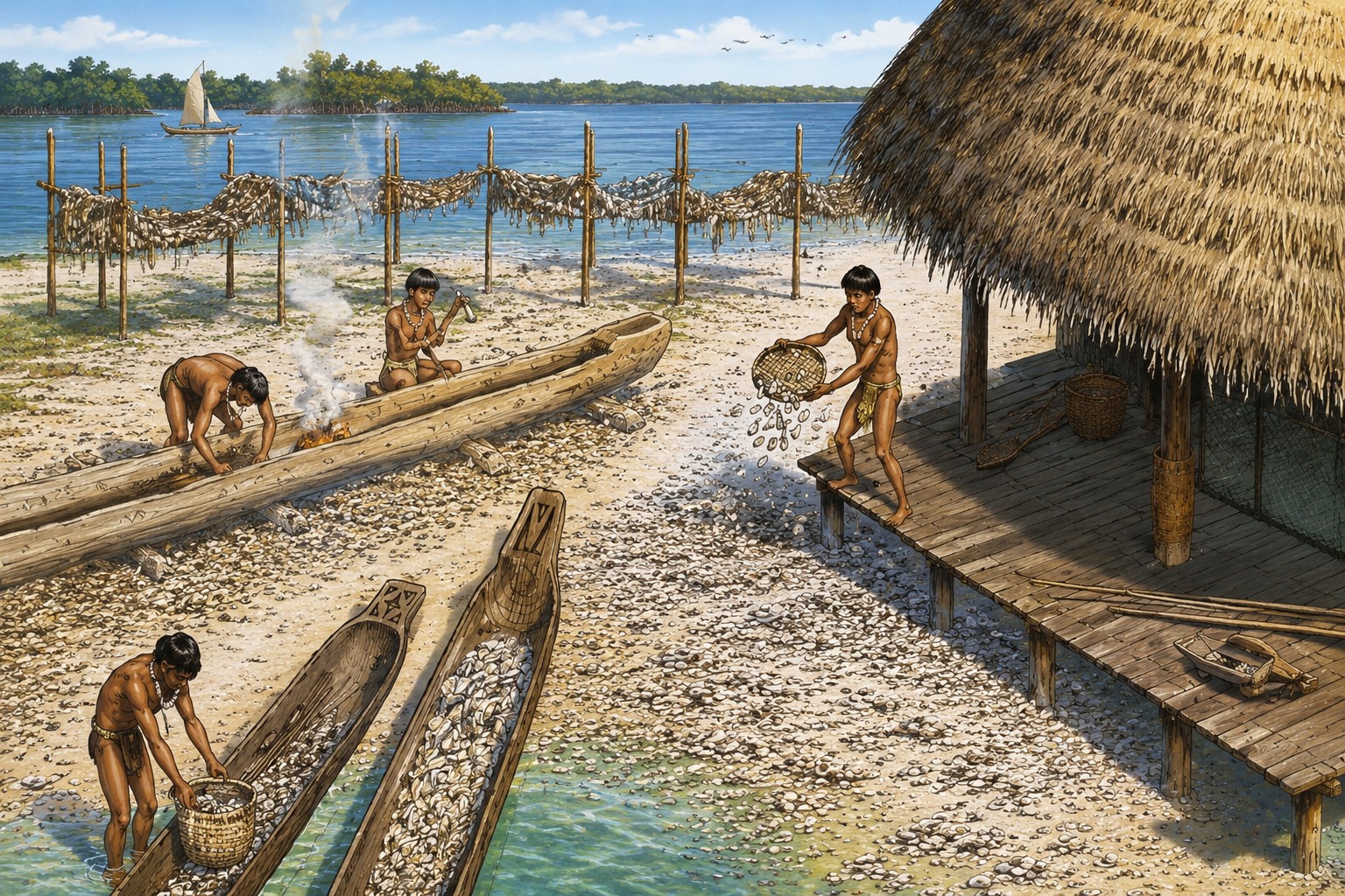 Artist's reconstruction of a Calusa village along Pine Island Sound in Southwest Florida