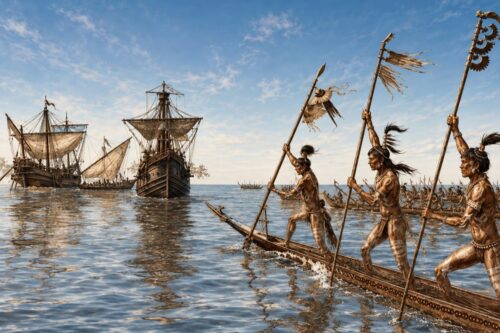 Historical illustration of Calusa warriors approaching Spanish sailing ships in dugout canoes on the waters of Gasparilla Sound and Charlotte Harbor, Southwest Florida.
