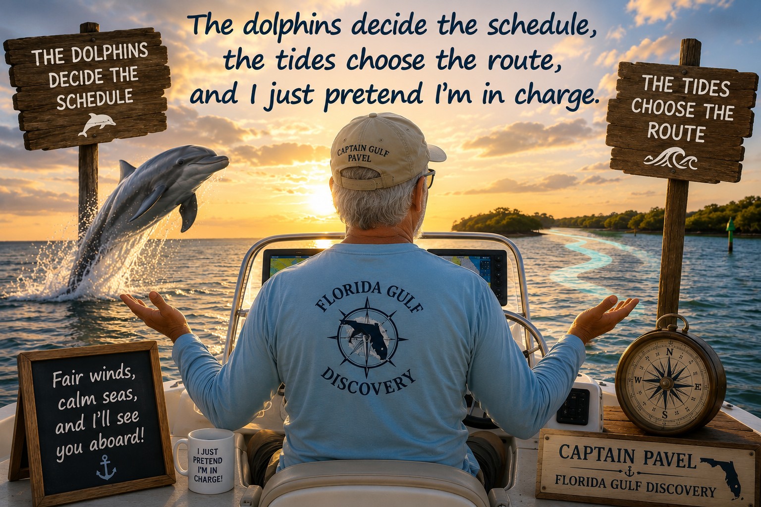 Captain Pavel watching dolphins during a private boat tour in Southwest Florida