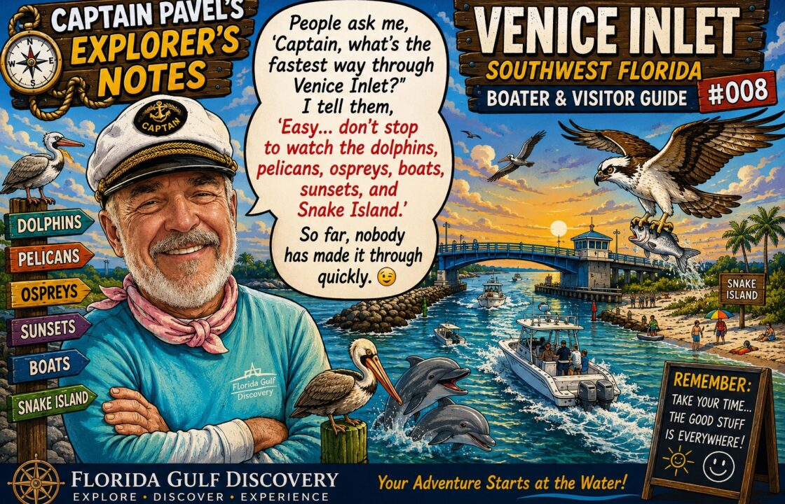 Funny illustrated portrait of Captain Pavel at Venice Inlet with dolphins, pelicans, an osprey, Snake Island, boats, and a sunset, promoting the Venice Inlet Boater & Visitor Guide #008 with a humorous Explorer's Note.
