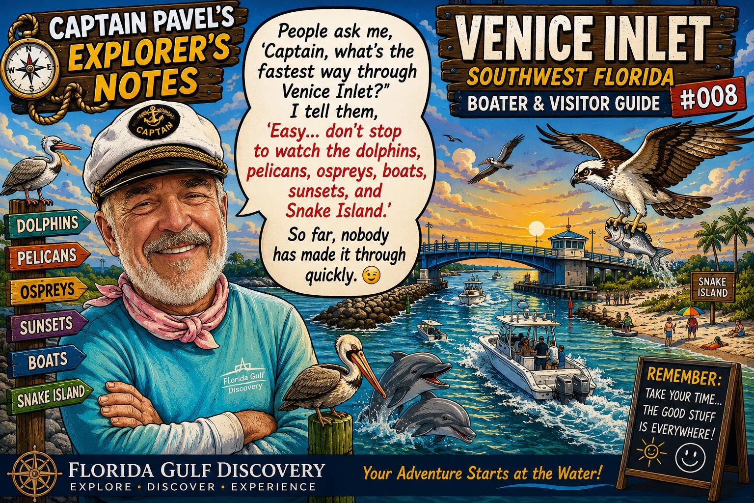 Funny illustrated portrait of Captain Pavel at Venice Inlet with dolphins, pelicans, an osprey, Snake Island, boats, and a sunset, promoting the Venice Inlet Boater & Visitor Guide #008 with a humorous Explorer's Note.
