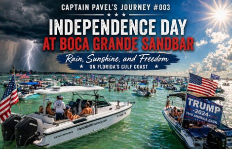 Captain Pavel's Axopar at Boca Grande Sandbar during the Independence Day celebration with boats, American flags, storm clouds, and sunshine in Southwest Florida.