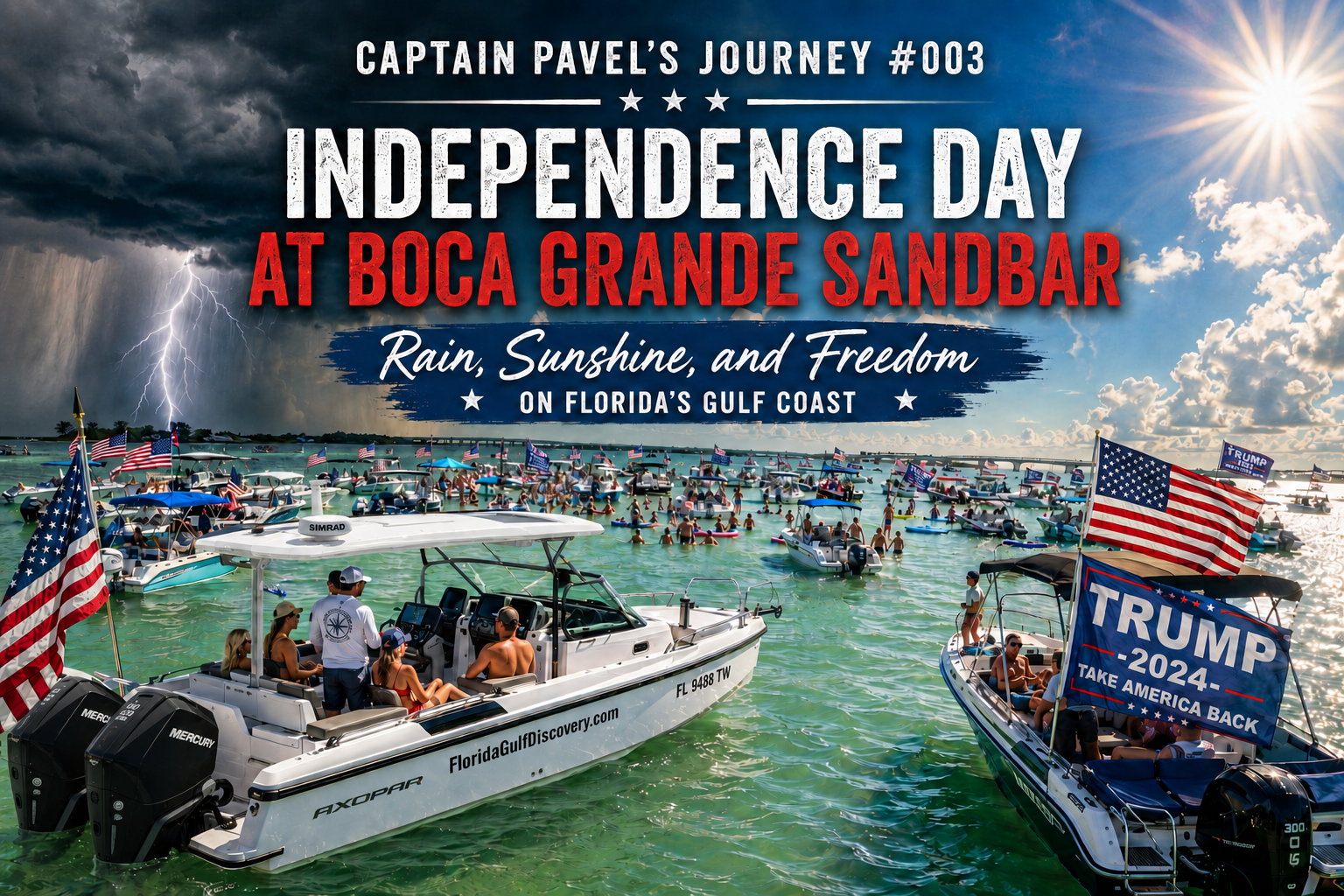 Captain Pavel's Axopar at Boca Grande Sandbar during the Independence Day celebration with boats, American flags, storm clouds, and sunshine in Southwest Florida.
