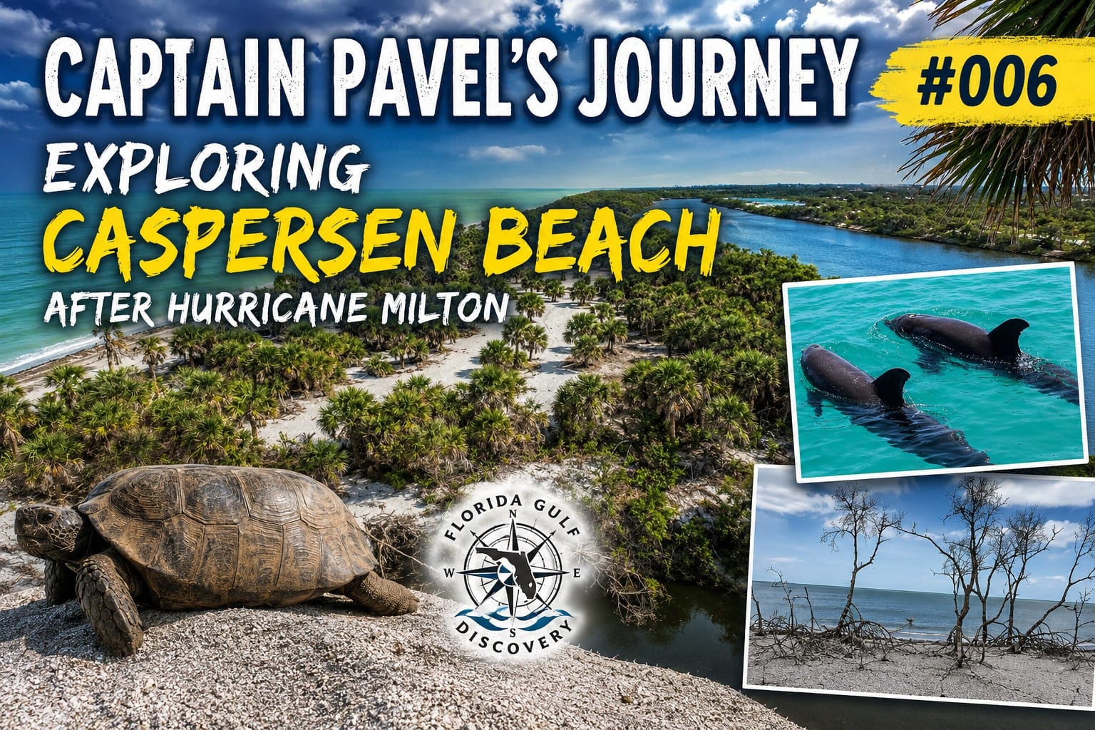 Featured image for Captain Pavel's Journey #006 showing an aerial view of Caspersen Beach after Hurricane Milton, with a gopher tortoise, bottlenose dolphins, and the storm-shaped coastline of Southwest Florida.