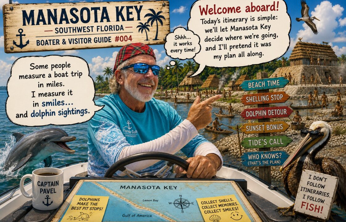 Captain Pavel smiling aboard his boat in front of a reconstructed Calusa village at Manasota Key with humorous explorer quotes about dolphin sightings and letting nature choose the day's adventure.