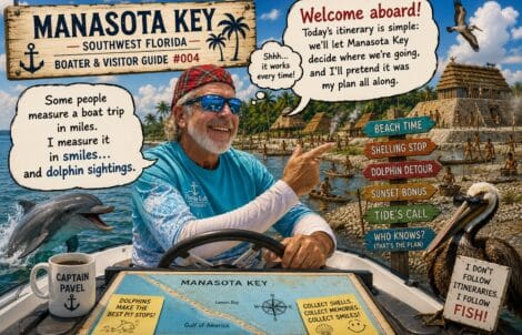 Captain Pavel smiling aboard his boat in front of a reconstructed Calusa village at Manasota Key with humorous explorer quotes about dolphin sightings and letting nature choose the day's adventure.