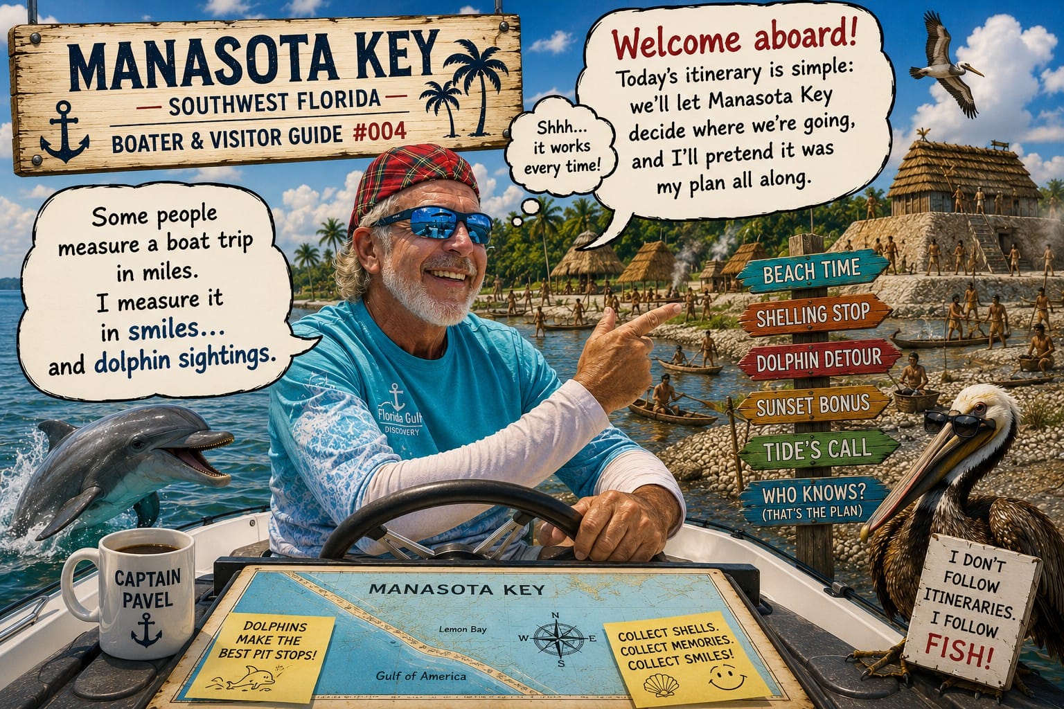 Captain Pavel smiling aboard his boat in front of a reconstructed Calusa village at Manasota Key with humorous explorer quotes about dolphin sightings and letting nature choose the day's adventure.