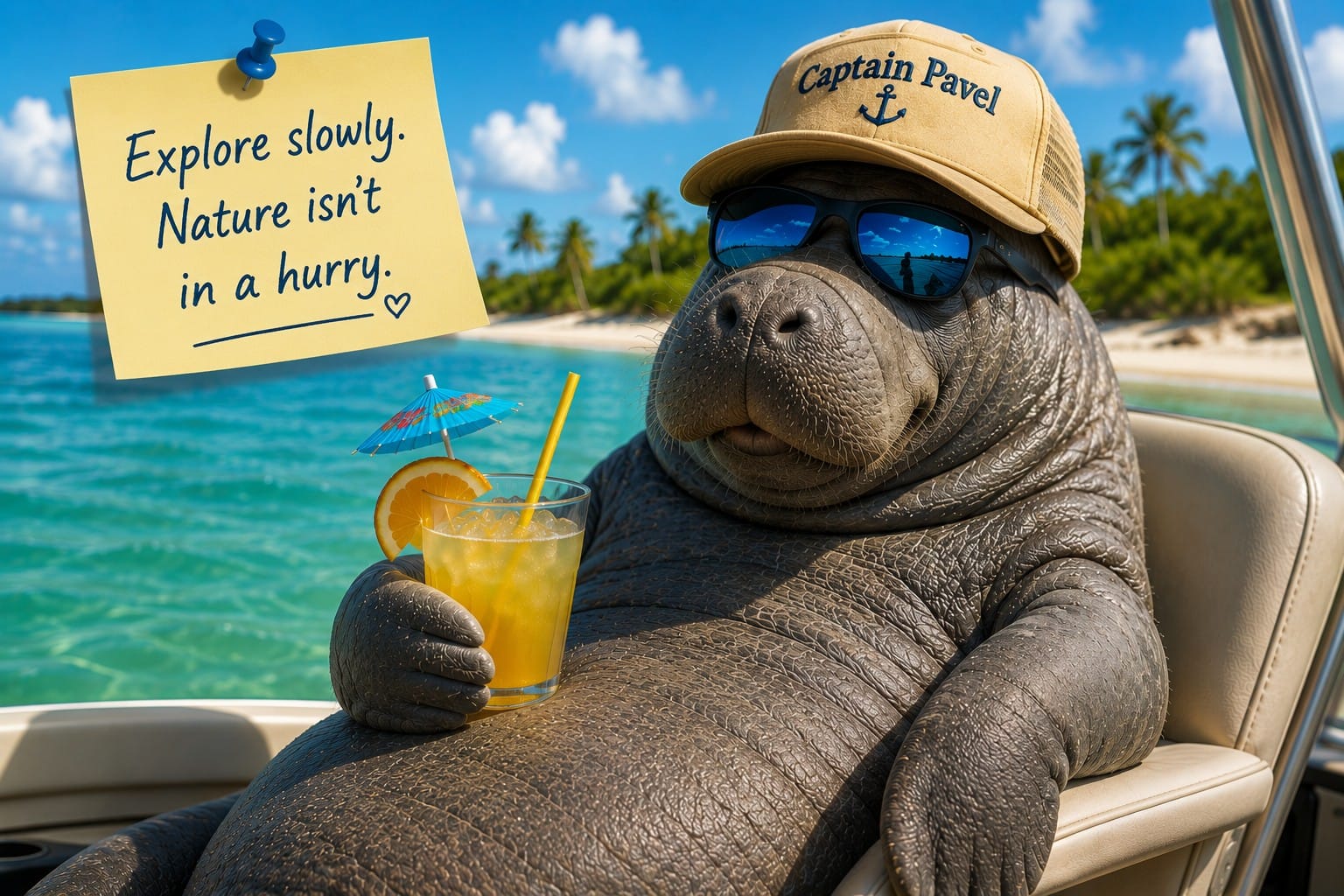 Captain Pavel observing a Florida manatee during a slow-speed boat tour in Southwest Florida