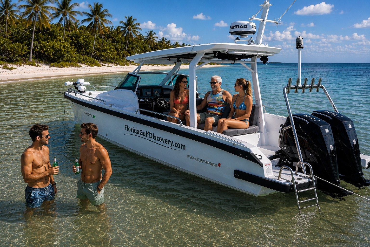 Captain Pavel on a tropical beach during a private boat tour in Southwest Florida
