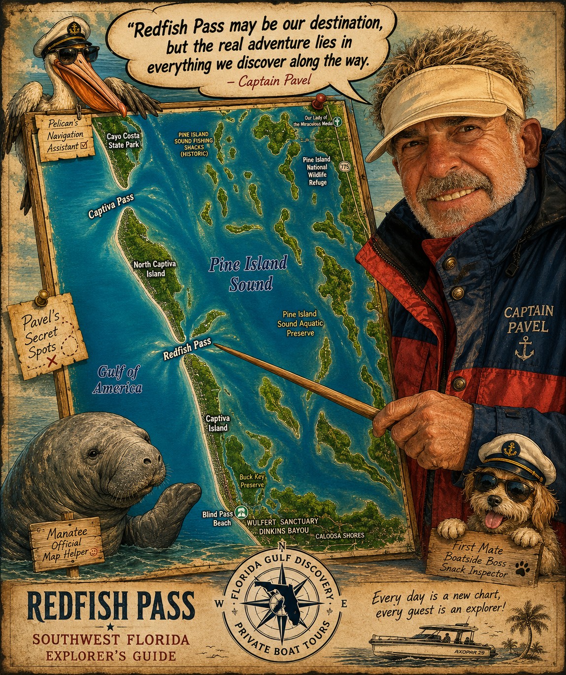 Captain Pavel's Redfish Pass Explorer's Guide vintage travel poster, Southwest Florida