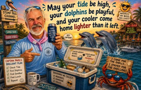 Illustration of Captain Pavel at Stump Pass with playful dolphins and the quote, "May your tide be high, your dolphins be playful, and your cooler come home lighter than it left."