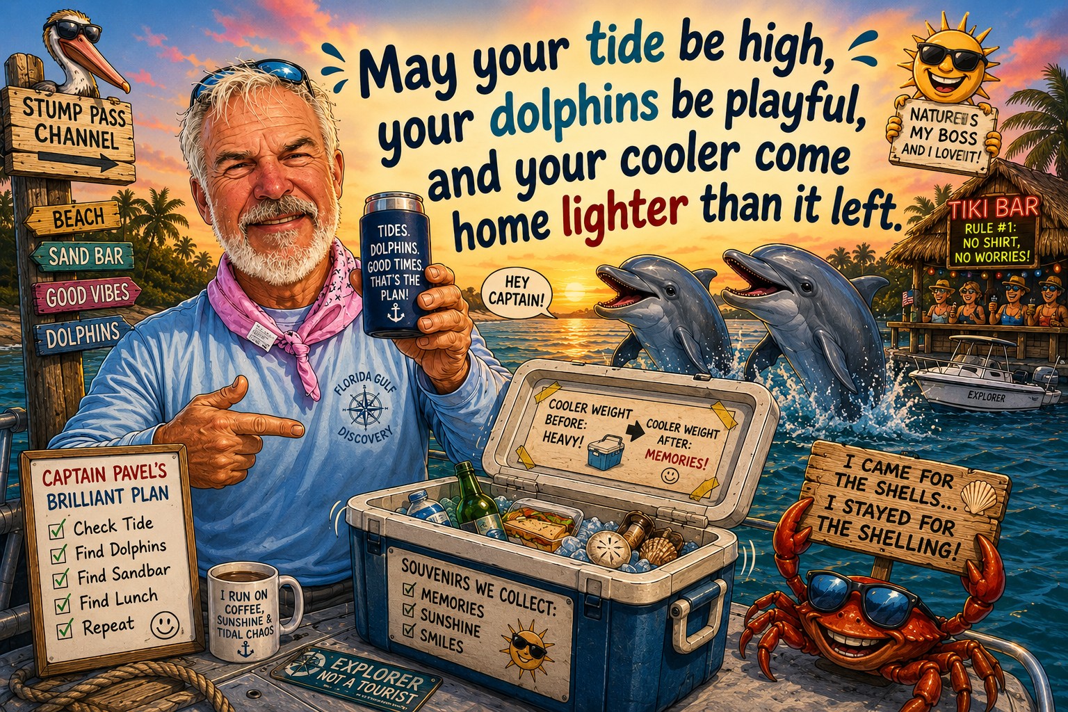 Illustration of Captain Pavel at Stump Pass with playful dolphins and the quote, "May your tide be high, your dolphins be playful, and your cooler come home lighter than it left."