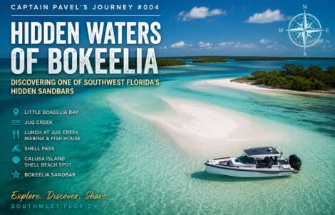 Aerial view of the hidden Bokeelia Sandbar in Pine Island Sound with Captain Pavel's Axopar 29 during an exploration of Southwest Florida.
